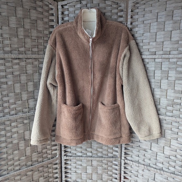 Hollister Jackets & Blazers - Hollister Colorblock Sherpa Fleece Full Zip Jacket Tan Reversible Womens Sz M